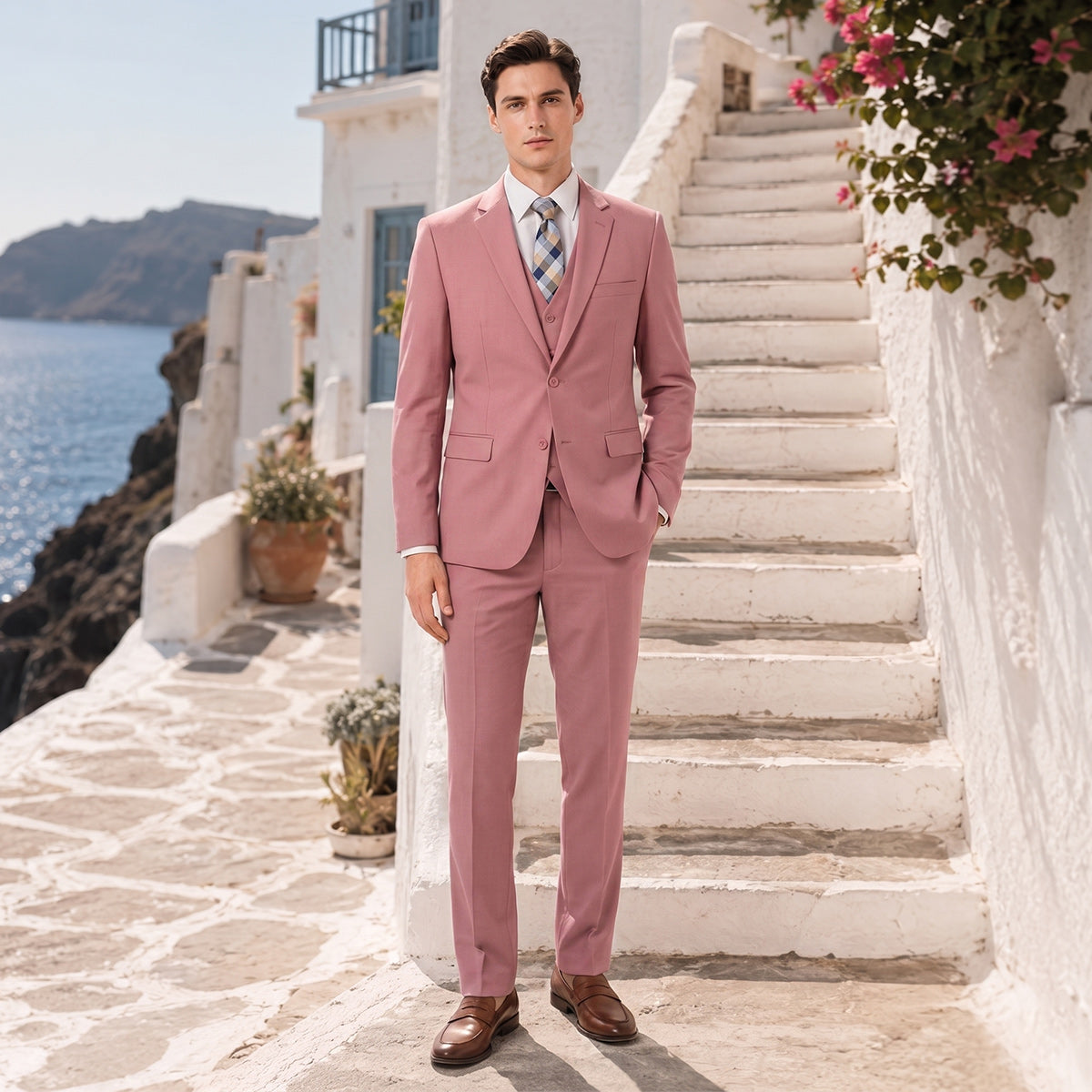 Tailored Fit Single Breasted Two-buttons 3 Pieces Solid Colored Men's Wedding Suits