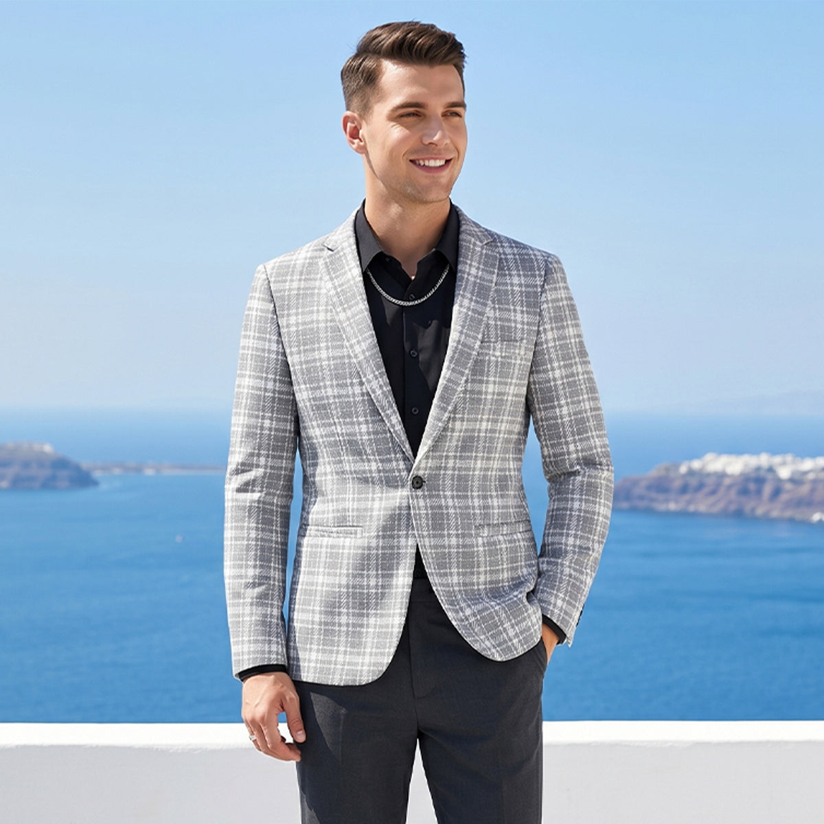 Tailored Fit Notched Lapel Single Breasted One-button Checked Men's Classical Jacket