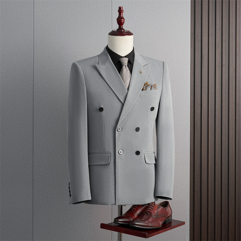 Tailored Fit Peak Lapel Double Breasted Four-Buttons Solid Colored Men's Formal Jacket
