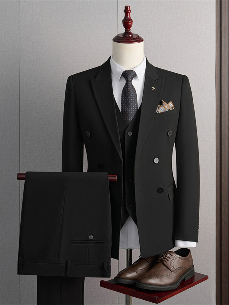 Tailored Fit Peaked Lapel Double Breasted Four-buttons 3 Pieces Men's Formal Suits