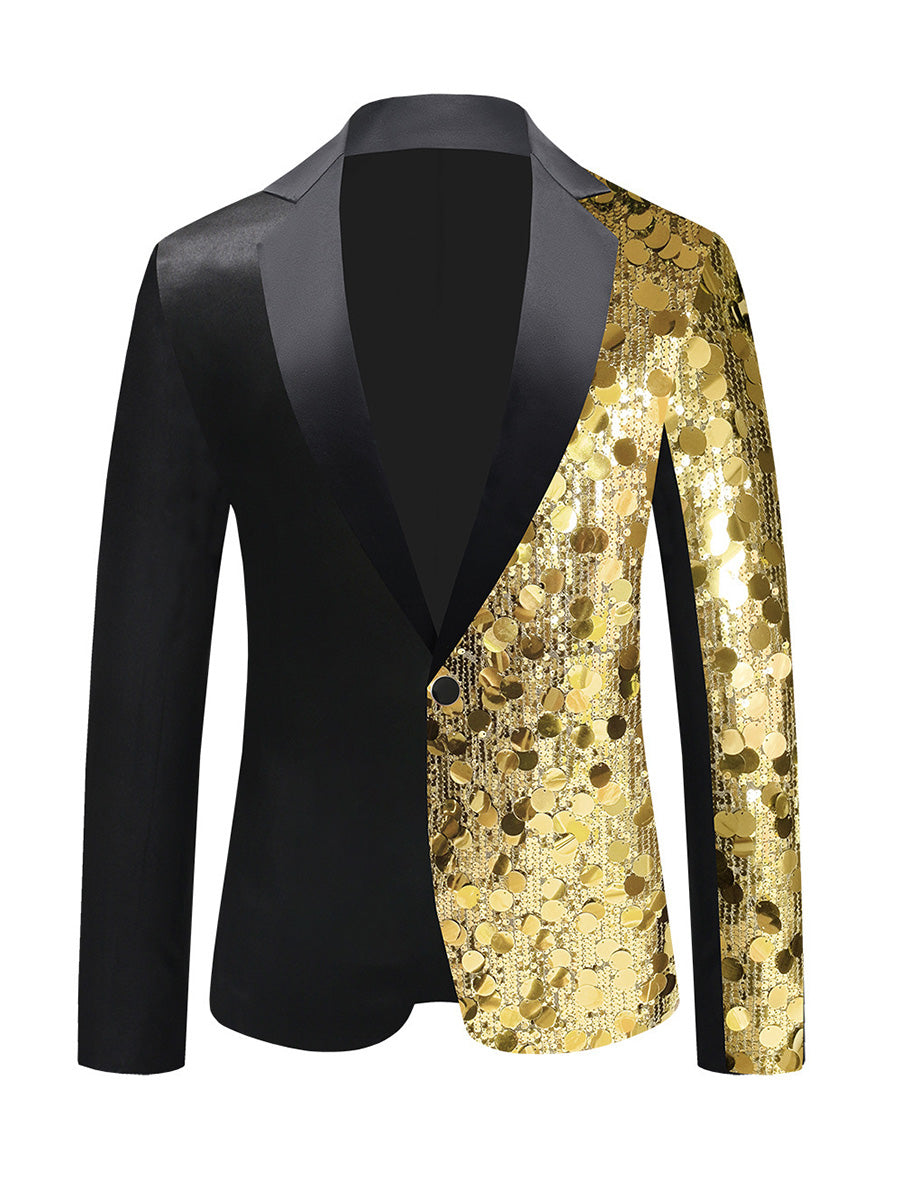 Tailored Fit Notched Lapel Single Breasted One-Button Men's Party Jacket with Sequins
