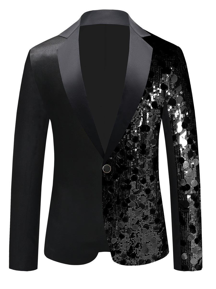 Tailored Fit Notched Lapel Single Breasted One-Button Men's Party Jacket with Sequins