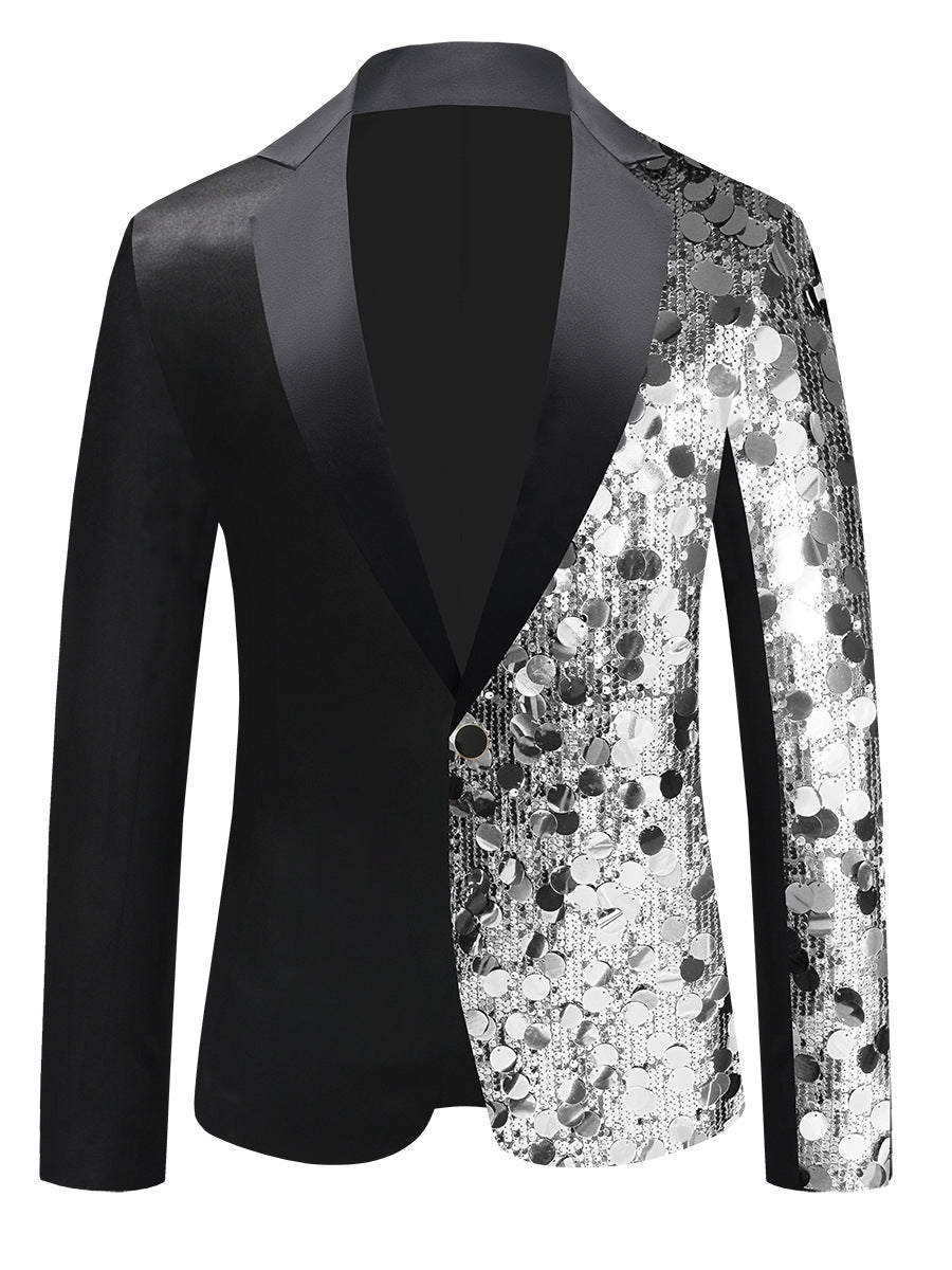 Tailored Fit Notched Lapel Single Breasted One-Button Men's Party Jacket with Sequins
