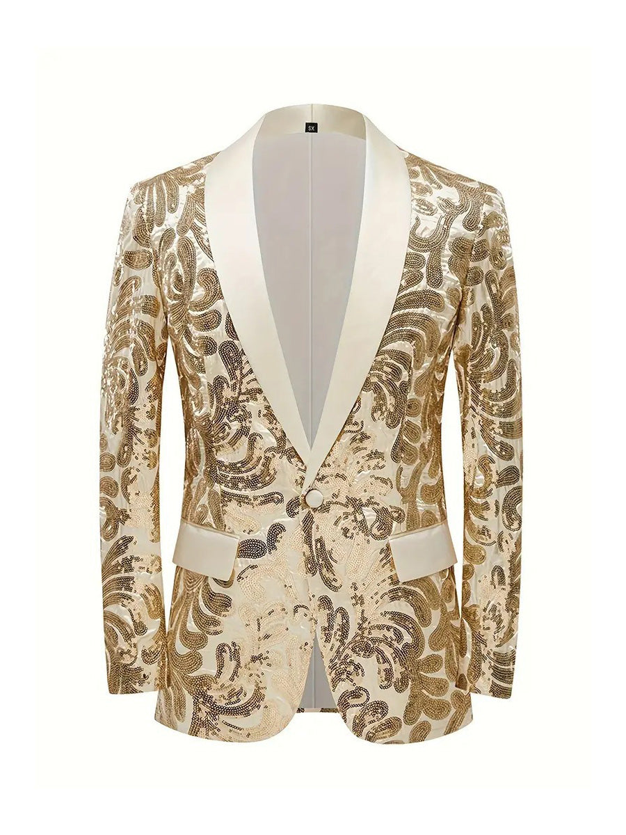 Tailored Fit Shawl Lapel Single Breasted One-Button Men's Party Jacket with Sequins Appliques