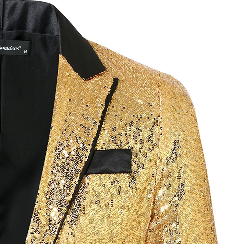 Tailored Fit Peaked Lapel Single Breasted One-Button Sequin Men's Party Jacket with Pockets