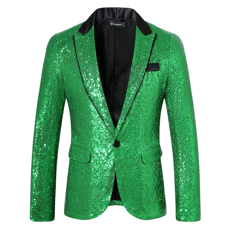 Tailored Fit Peaked Lapel Single Breasted One-Button Sequin Men's Party Jacket with Pockets
