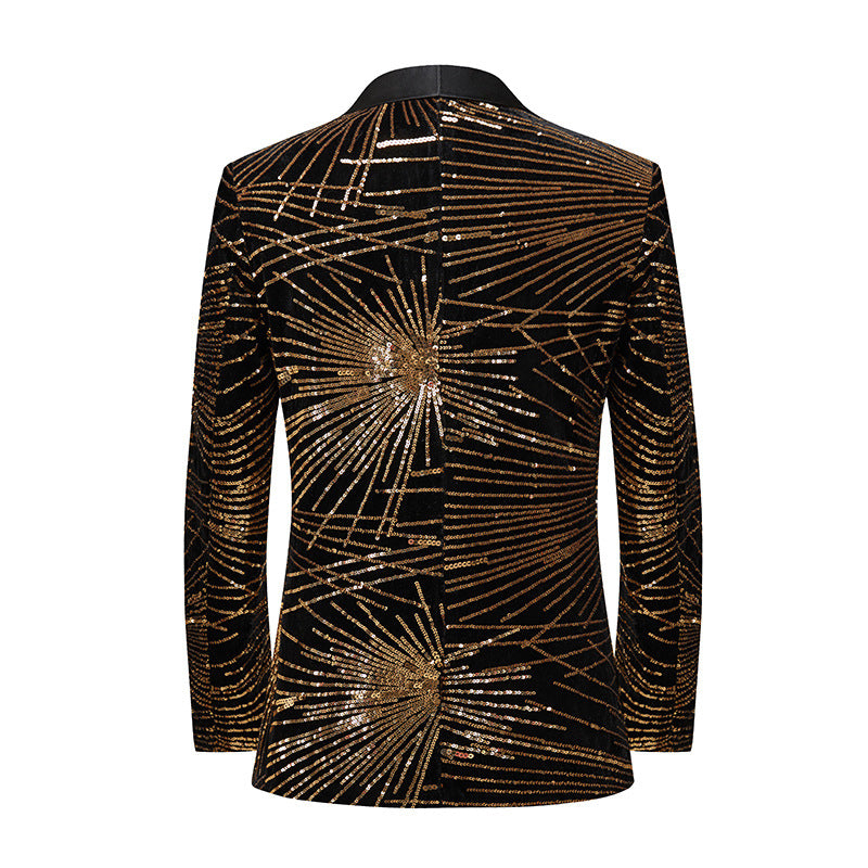Tailored Fit Notched Lapel Single Breasted One-Button Men's Party Jacket with Sequins