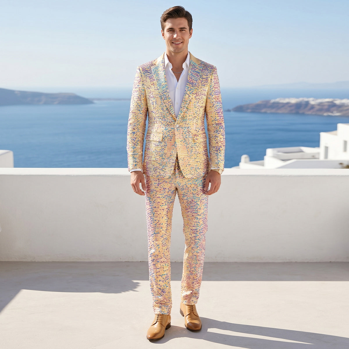 Tailored Fit Notched Lapel Single Breasted One-Button Sequin 2 Piece Men's Party Suits