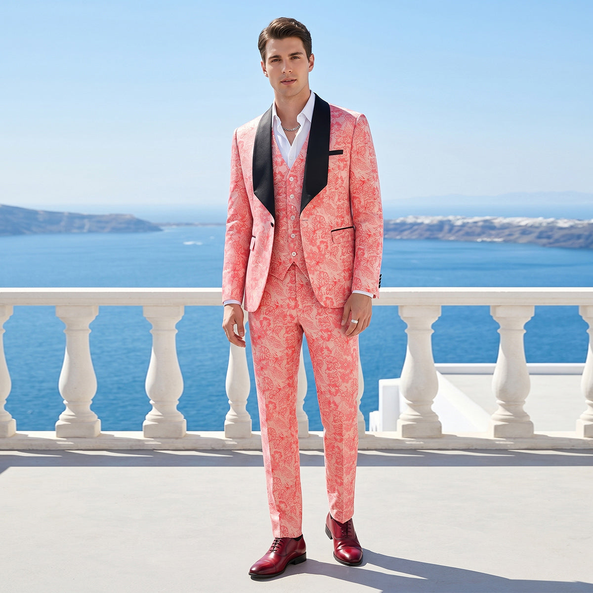 Tailored Fit Shawl Lapel Single Breasted One-Button Floral 3 Piece Men's Party Suits