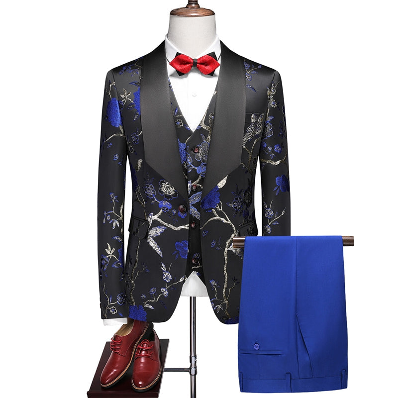 Tailored Fit Shawl Lapel Single Breasted One-Button Embroidery 3 Piece Men's Party Suits