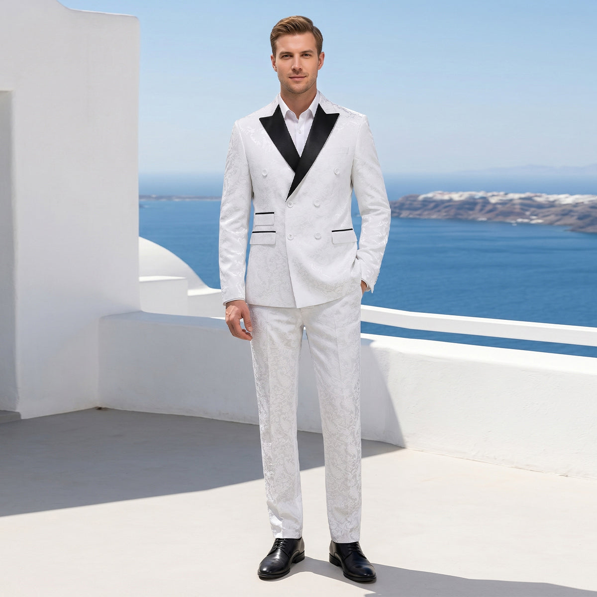 Tailored Fit Peaked Lapel Double Breasted Six-Buttons Jacquard 2 Piece Men's Party Suits