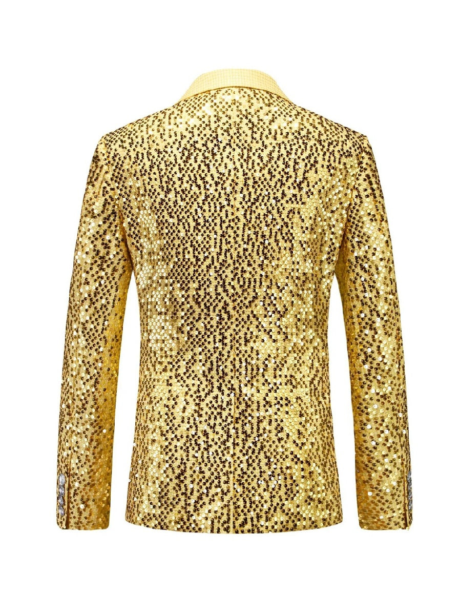 Tailored Fit Notched Lapel Single Breasted One-Button Men's Party Jacket With Sequins