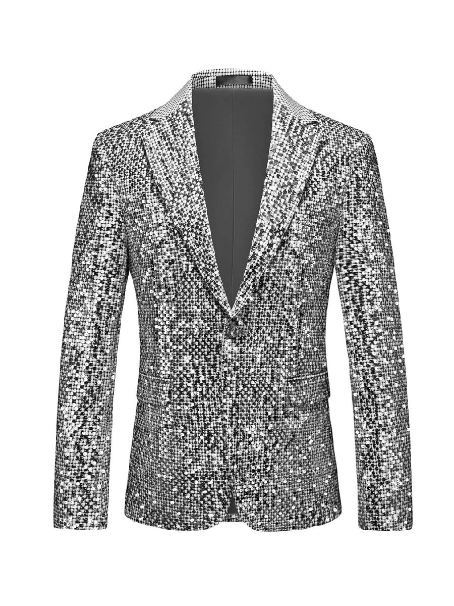 Tailored Fit Notched Lapel Single Breasted One-Button Men's Party Jacket With Sequins