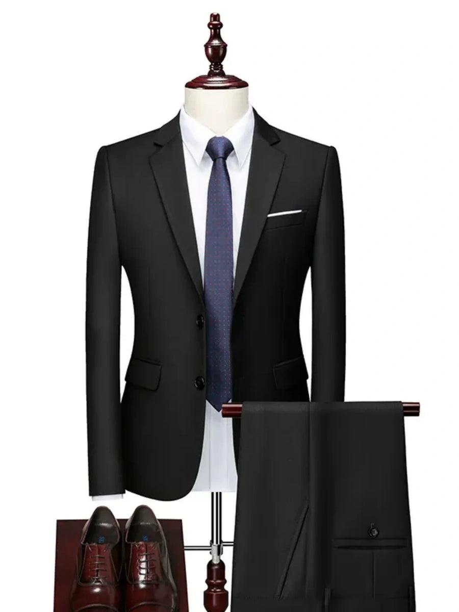 Tailored Fit Single Breasted Two-button 2 Pieces Solid Colored Men's Casual Suits