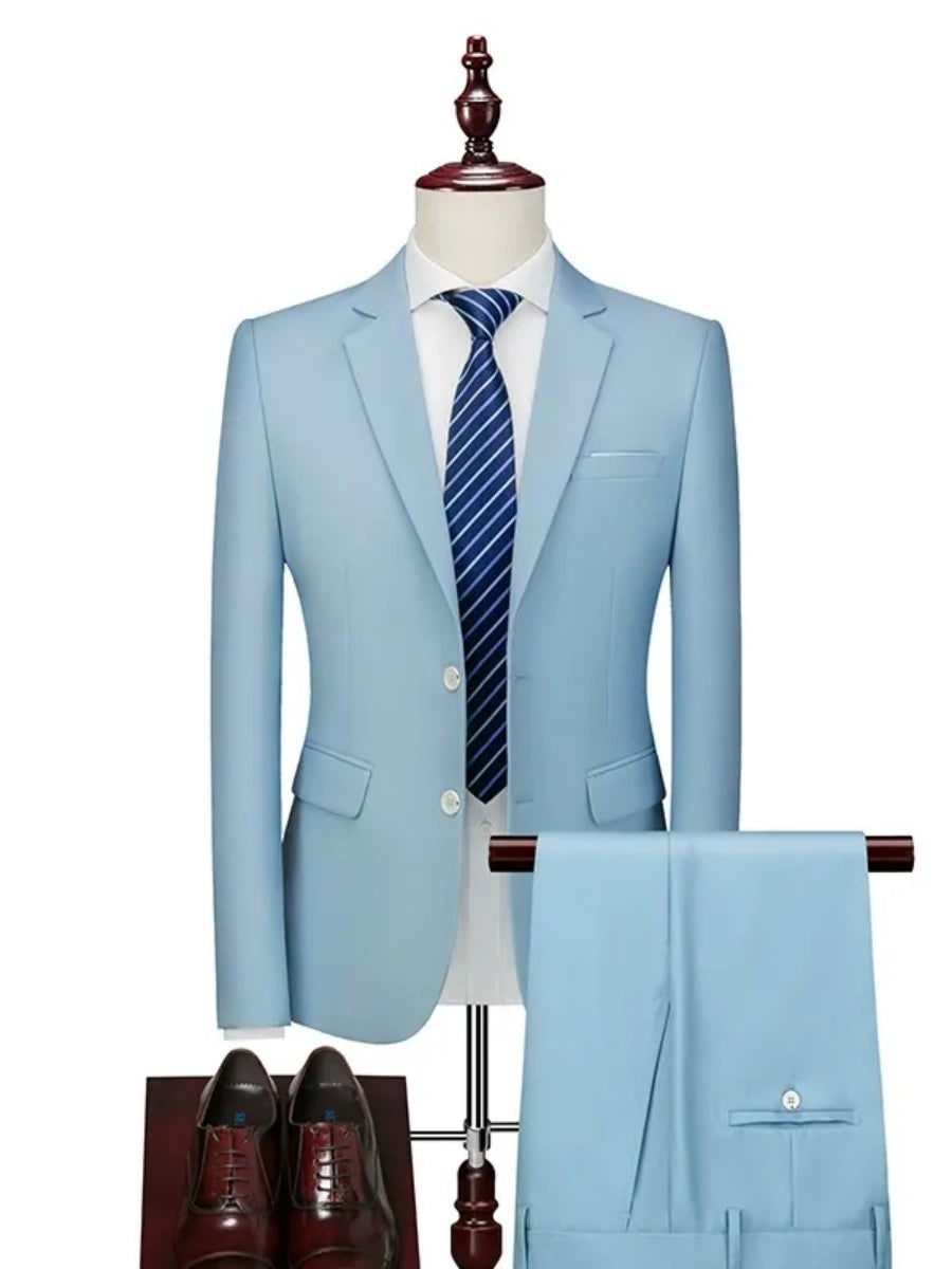 Tailored Fit Single Breasted Two-button 2 Pieces Solid Colored Men's Casual Suits