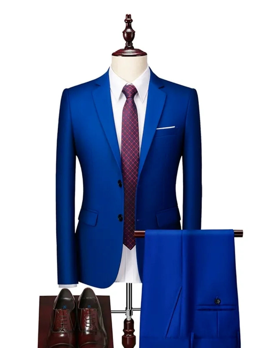 Tailored Fit Single Breasted Two-button 2 Pieces Solid Colored Men's Casual Suits