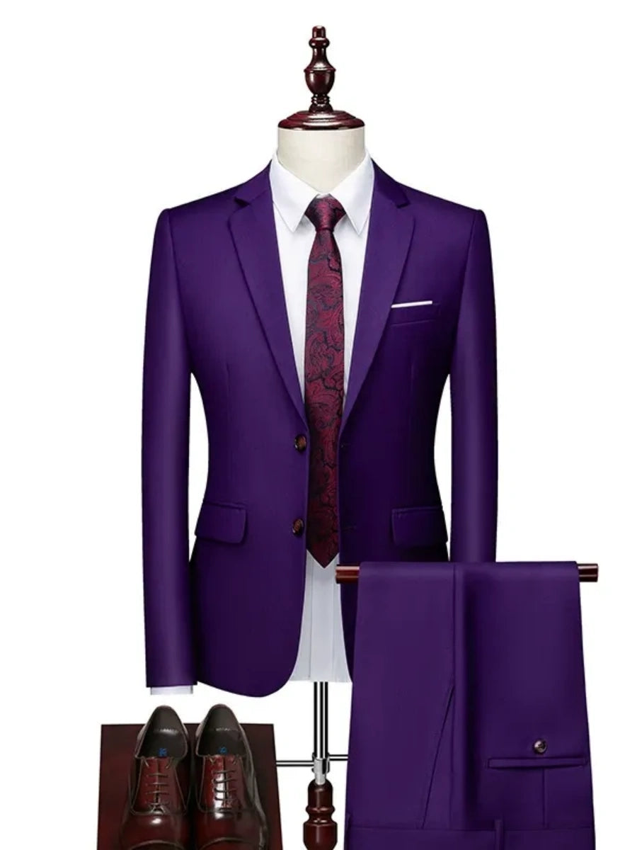 Tailored Fit Single Breasted Two-button 2 Pieces Solid Colored Men's Casual Suits