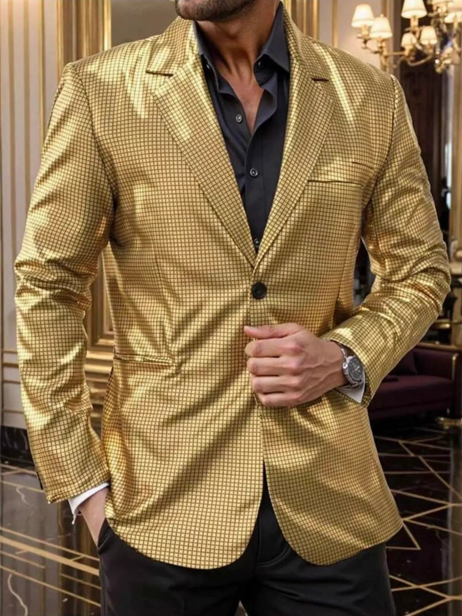 Tailored Fit Lapel Single Breasted One-Button Gilded Grid Men's Party Jacket