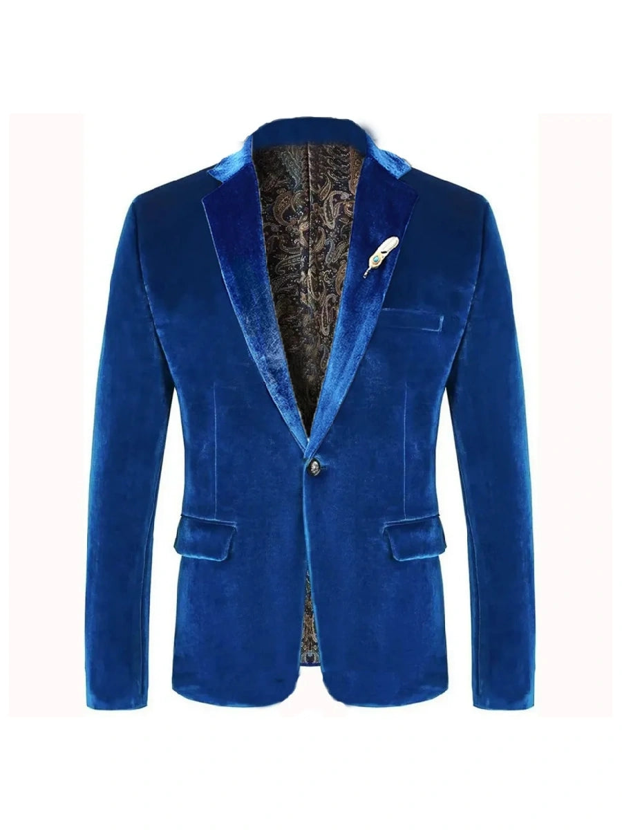 Tailored Fit Notched Lapel Breasted One-Buttons Velvet Men's Party Jacket