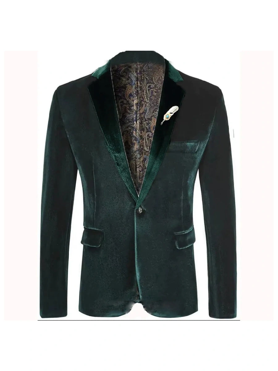 Tailored Fit Notched Lapel Breasted One-Buttons Velvet Men's Party Jacket