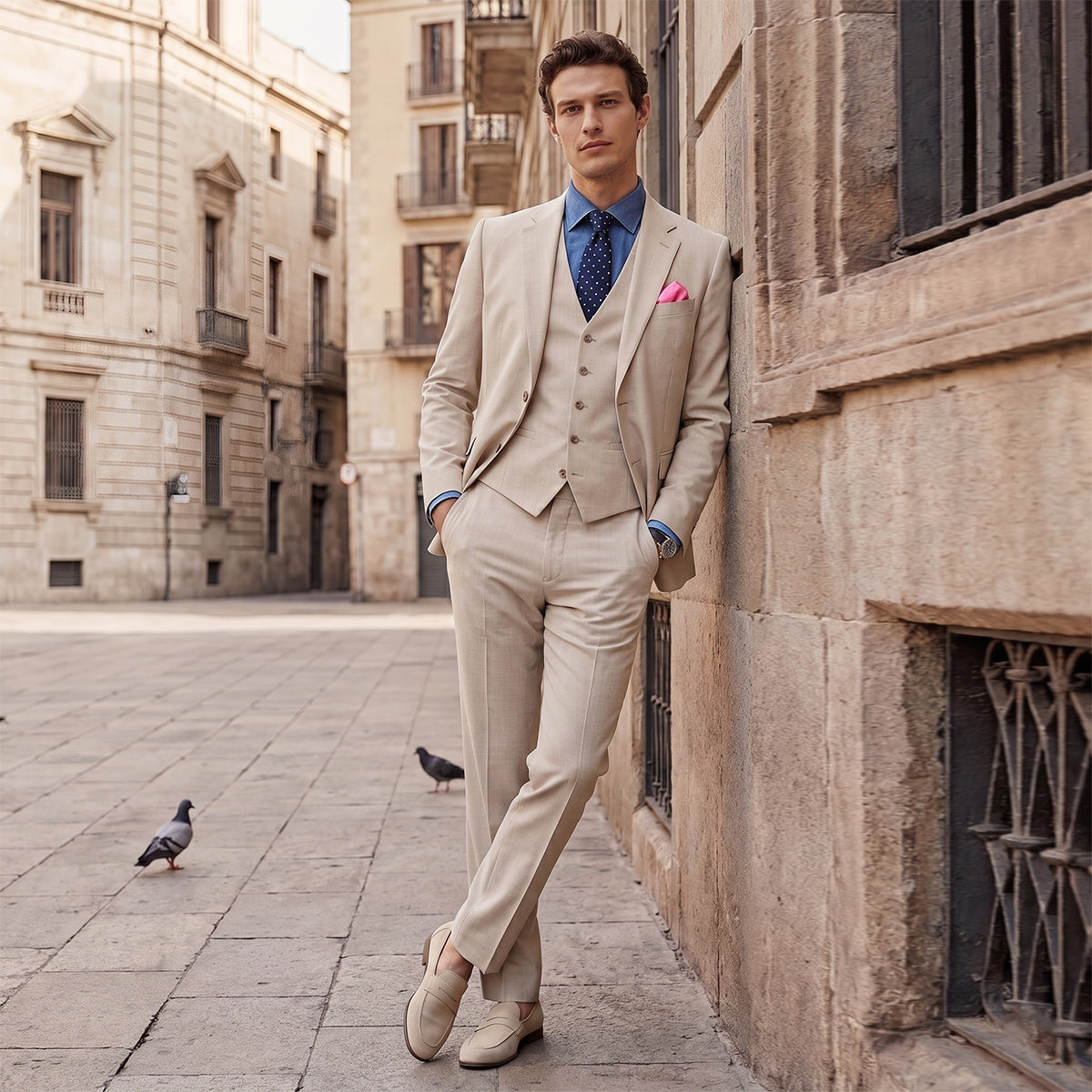 Tailored Fit Single Breasted Two-buttons 3 Pieces Solid Colored Men's Wedding Suits